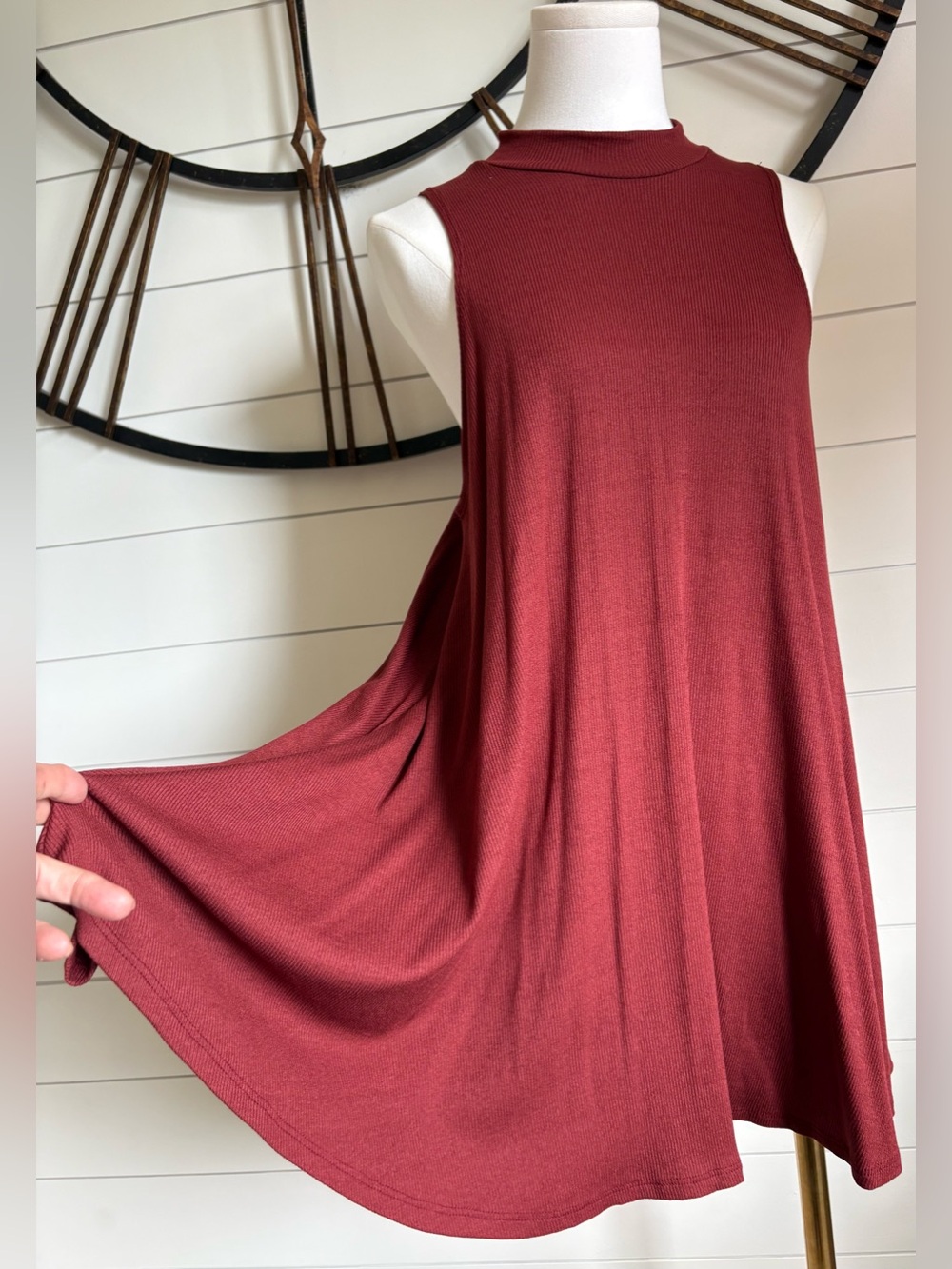 PPLA Sleeveless Swing Dress w Mock Neck & Trapeze Silhouette - Ribbed STRETCHY S